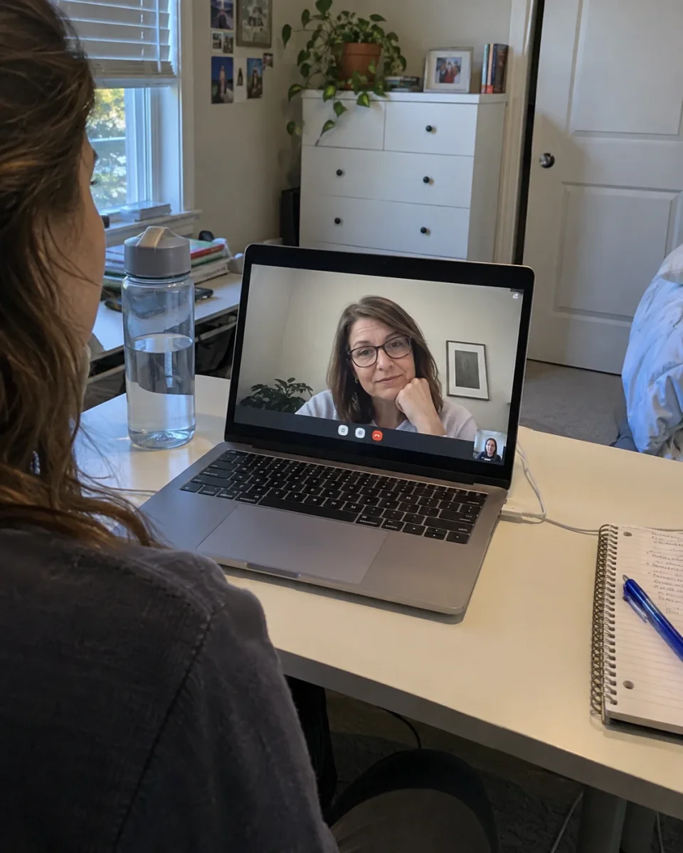A person speaking with a therapist over a laptop video call