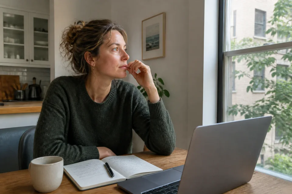 A woman pauses beside her laptop and notebook while considering her next step