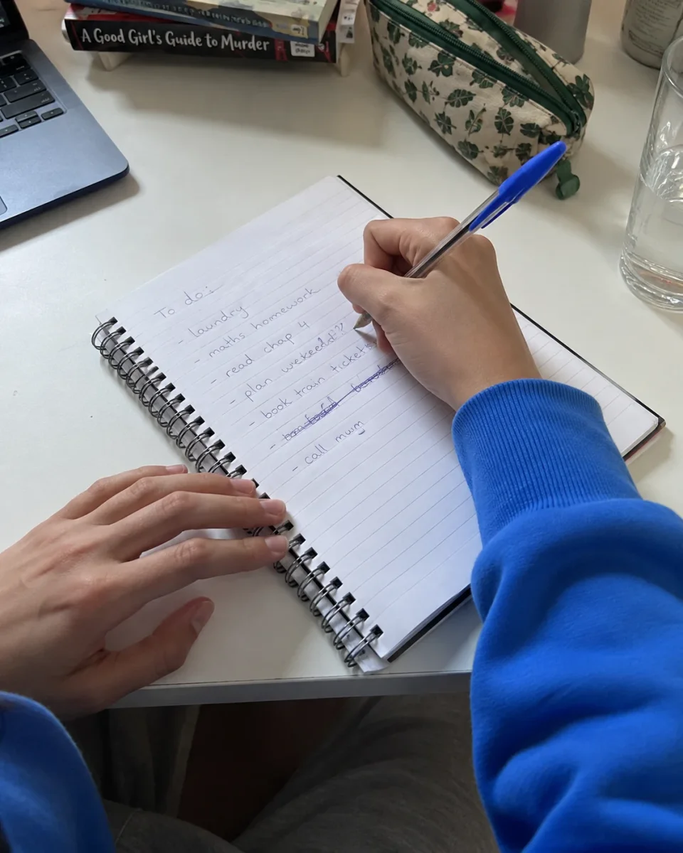 Writing in a journal with a blue pen