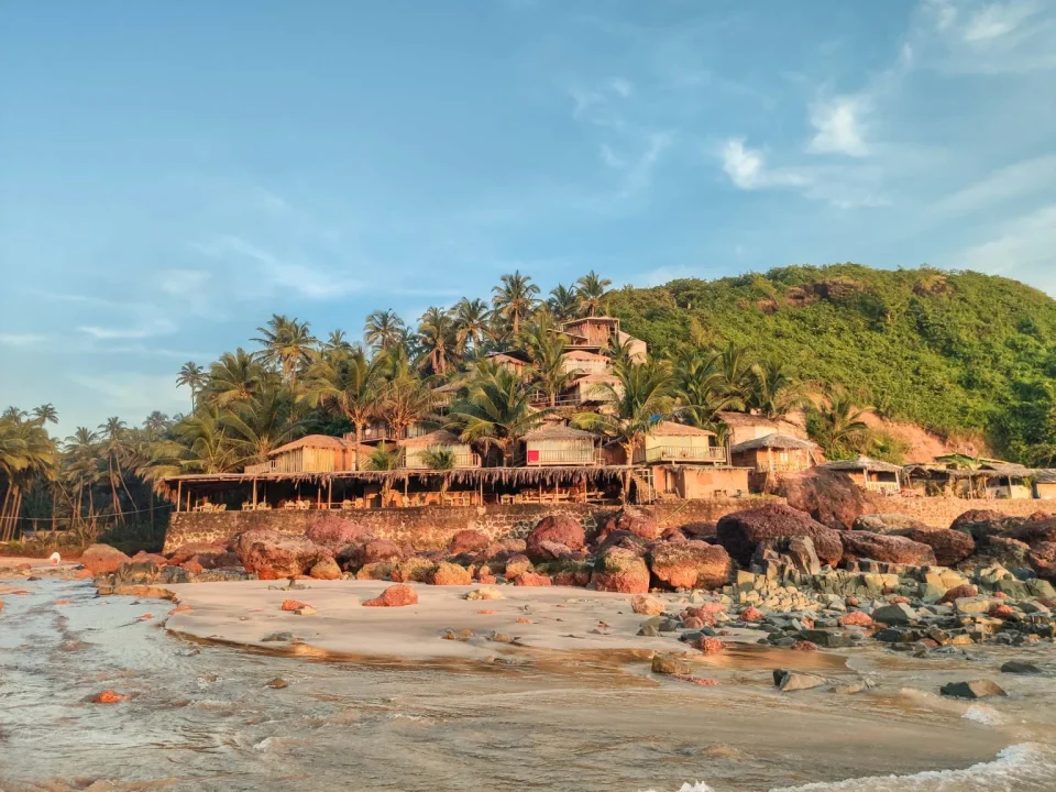 Beach huts among palm trees above a rocky cove in Goa at golden hour