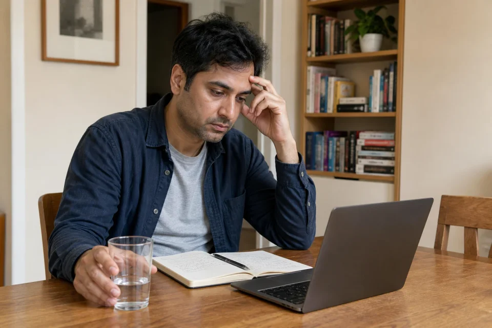 Ravi pauses at his dining table while trying to continue working through persistent tiredness