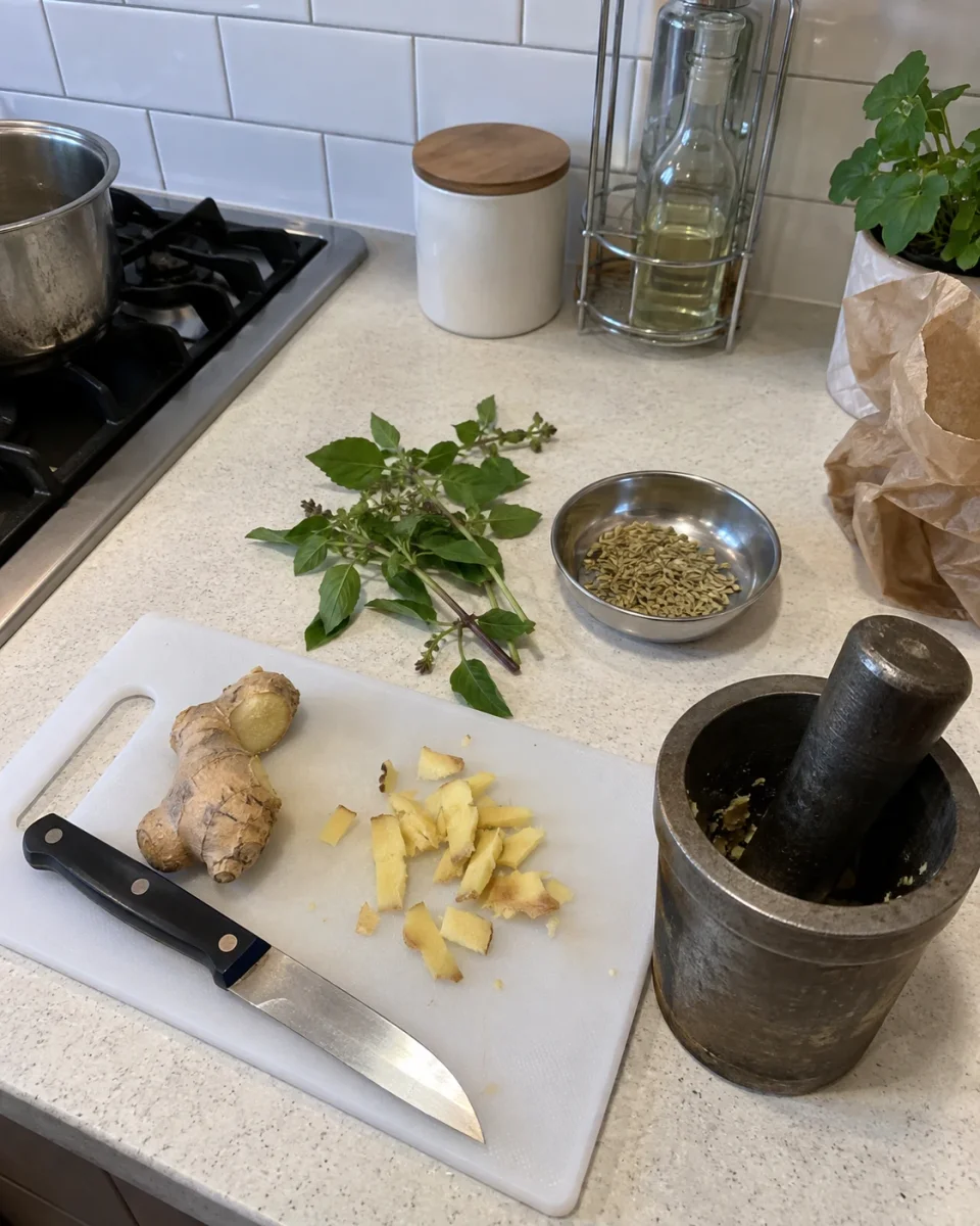 Ayurvedic herbs and ginger being prepared on a kitchen counter