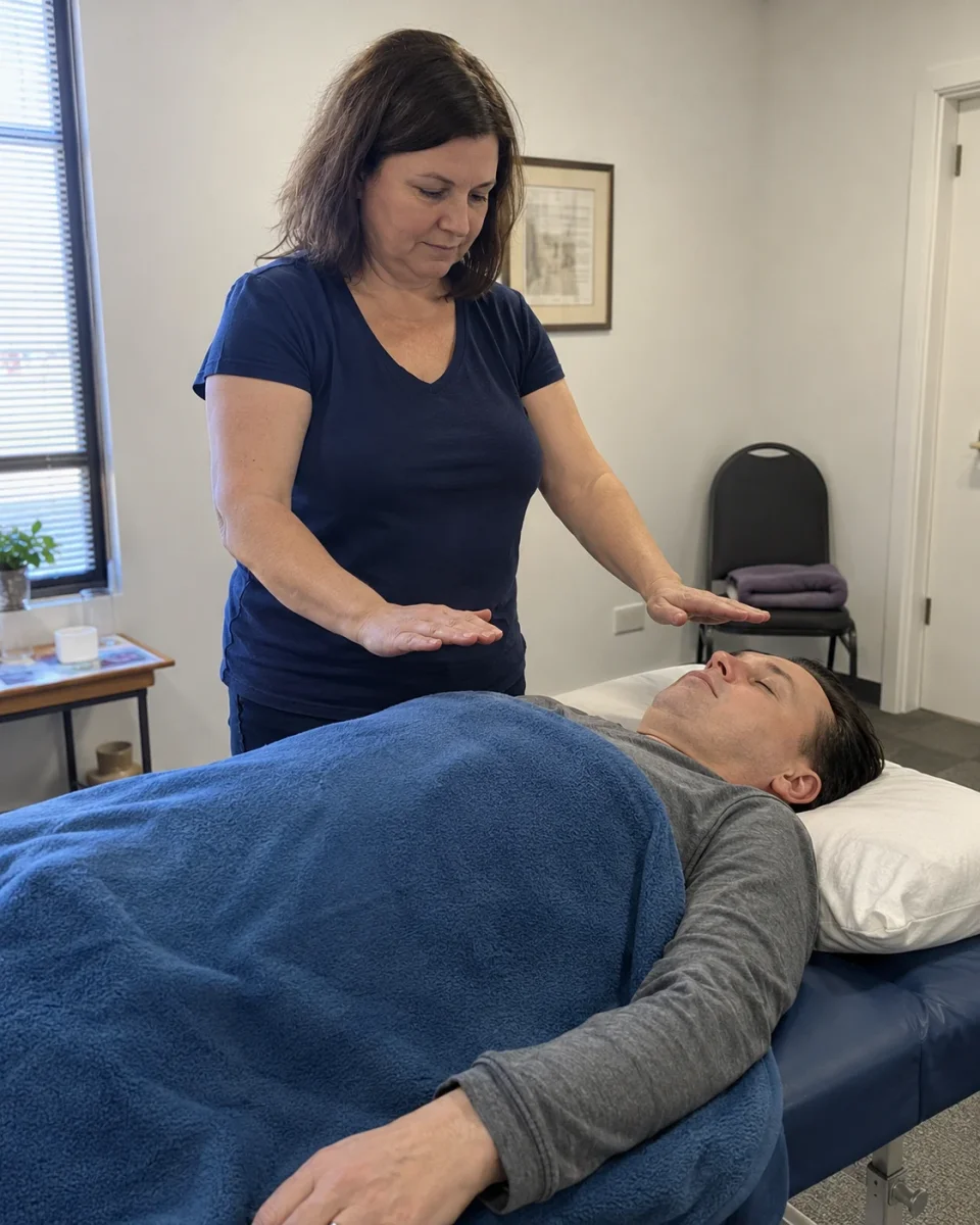 A Reiki practitioner holding her hands above a resting person